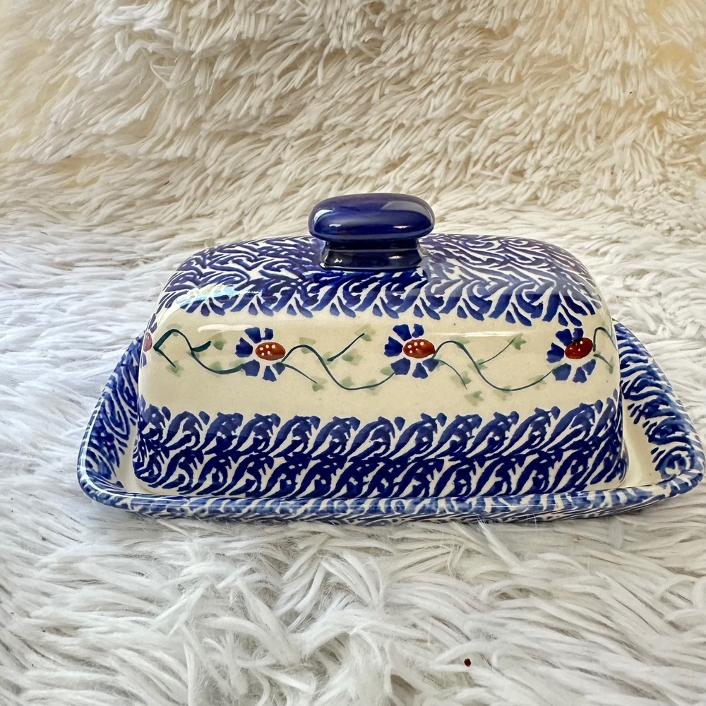 Polish Pottery Boleslawiec Blue Cream Floral Butter Dish NEW